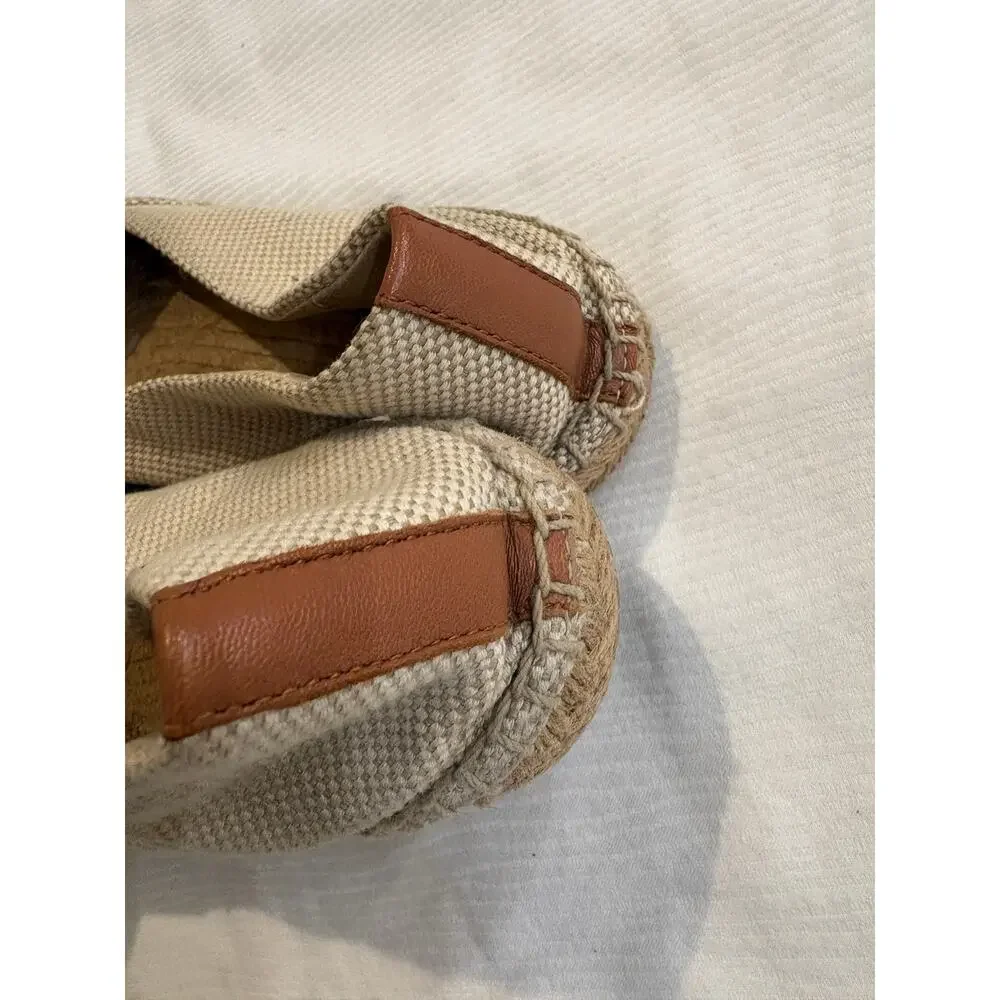 Tory Burch Womens 9 Flat Espadrille Canvas Cream Brown Slip On Leather Cap Toe